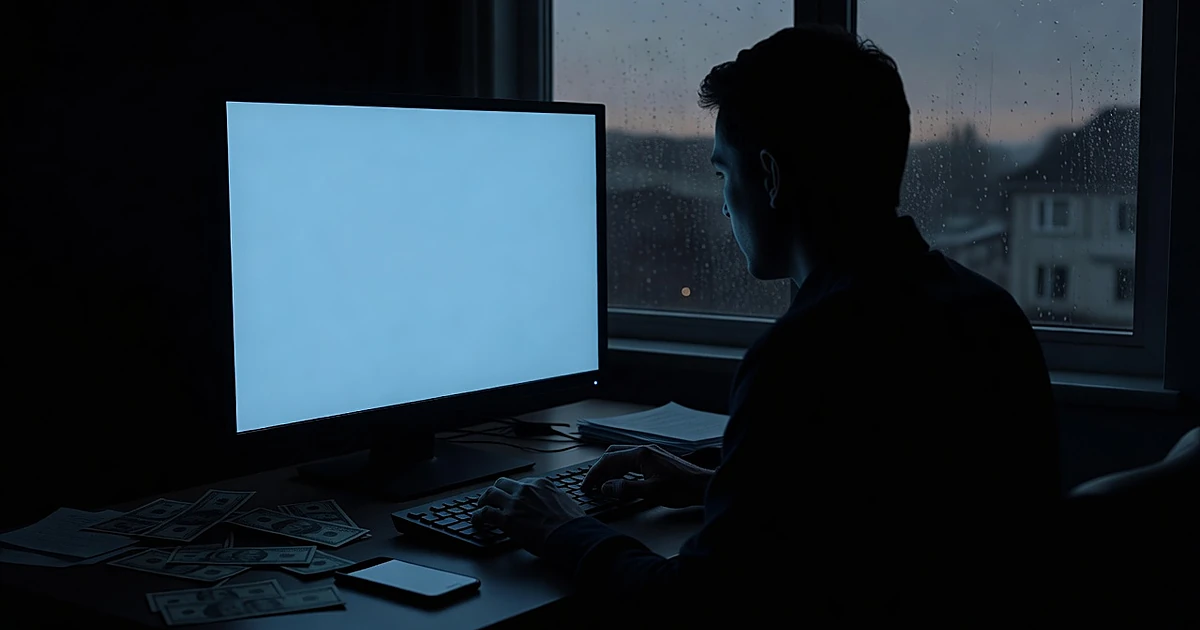 Silhouetted figure at computer desk with cash and phone, backlit by monitor glow in dark room