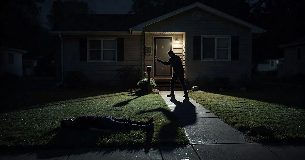 Silhouetted figure standing near house entrance with another figure on lawn at night under porch light