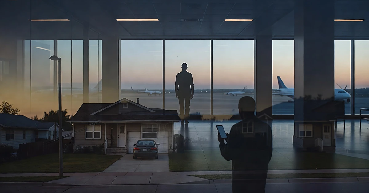Silhouetted figure in airport terminal with double-exposure overlay of suburban house and car surveillance scene