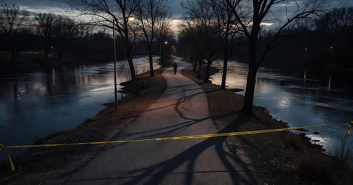 Empty river trail at dusk with police tape and lone silhouetted figure walking in distance under streetlamps