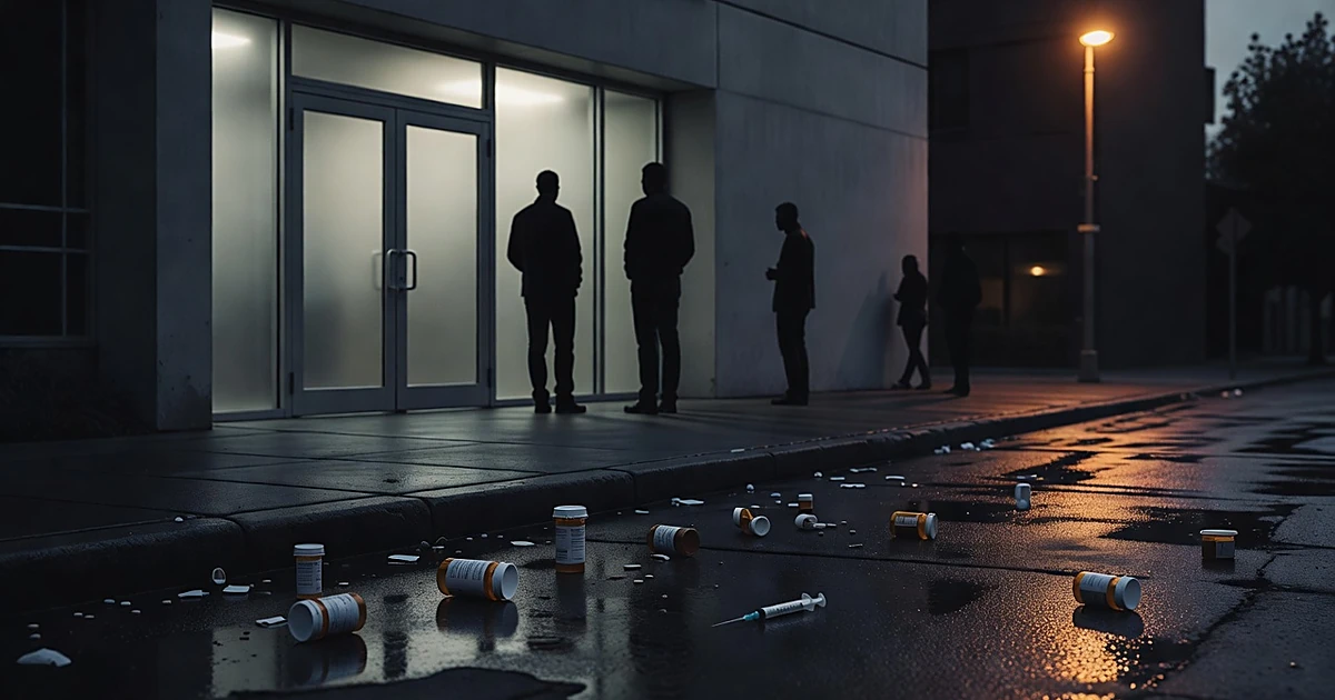 Silhouetted figures near clinical doorway with scattered pills and syringe on urban street at dusk