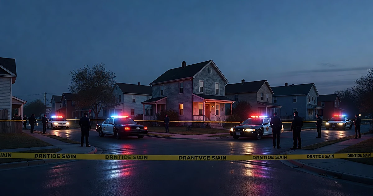 Police vehicles with emergency lights illuminate a cordoned residential street at dusk with officer silhouettes