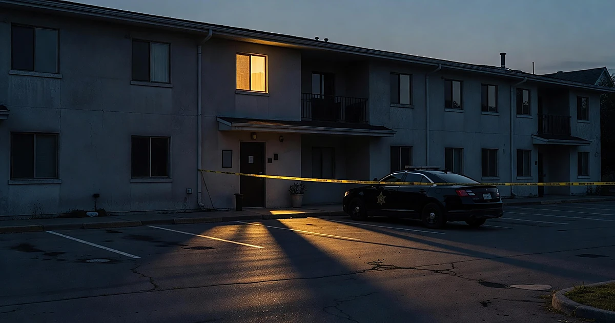Apartment building at dusk with patrol vehicle and crime scene tape marking a doorway in somber lighting