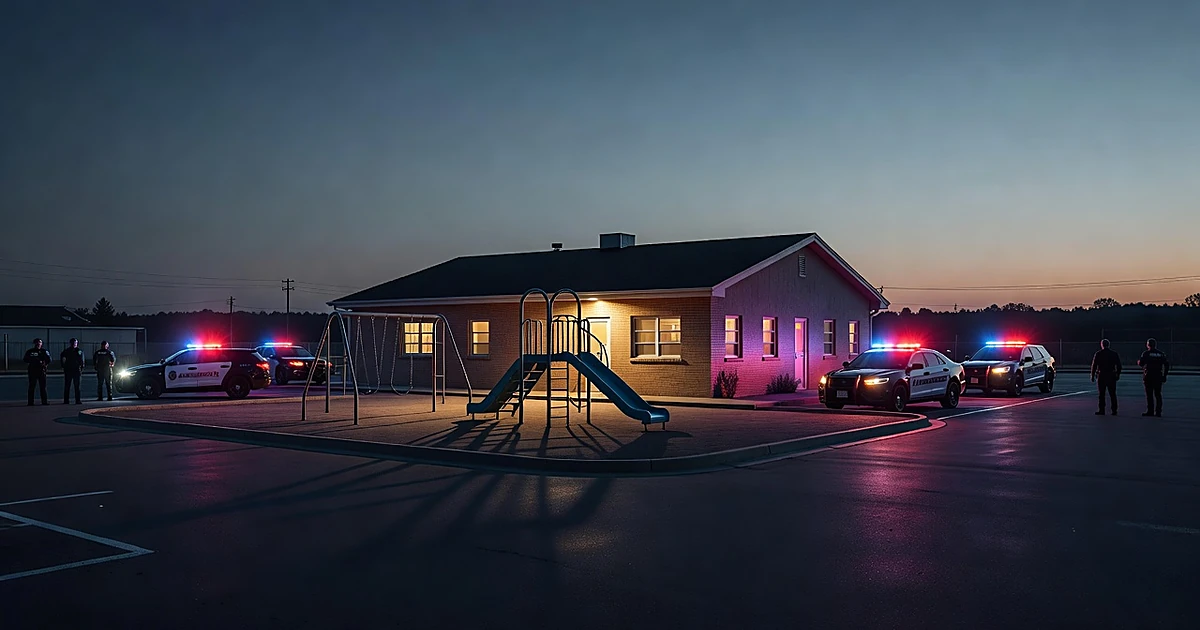 Police vehicles with emergency lights surrounding a preschool building at dusk with officers positioned around perimeter