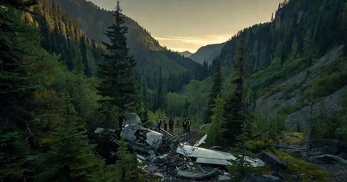 Small plane wreckage in remote forested mountain valley with distant silhouettes of search personnel at dusk