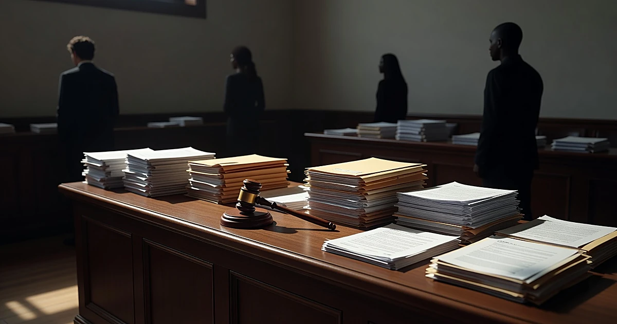 Courtroom bench with gavel and uneven stacks of case files, silhouetted figures in background at varying distances