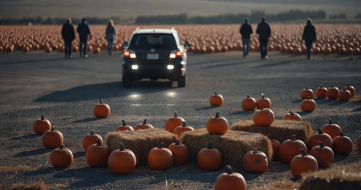 SUV reversing in farm parking lot with pumpkins and hay bales in foreground, distant figures walking toward fields