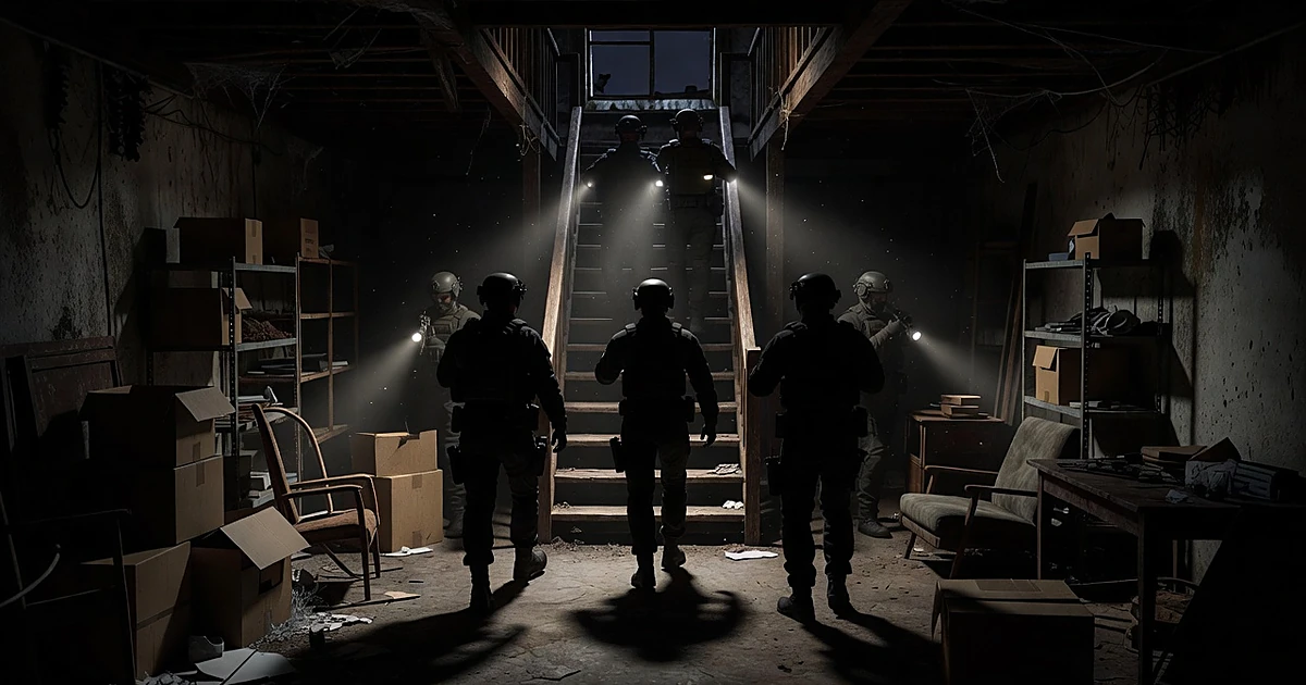 Silhouettes of law enforcement officers with flashlights searching a dark basement during a nighttime operation
