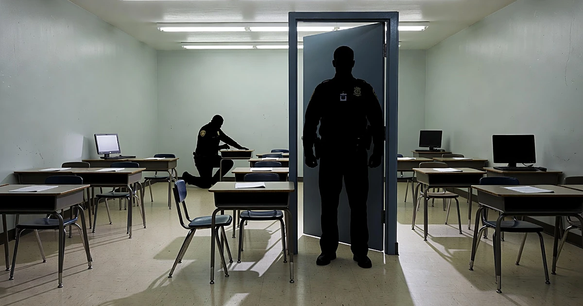 Silhouetted police officer entering empty elementary classroom with small desks under fluorescent lights