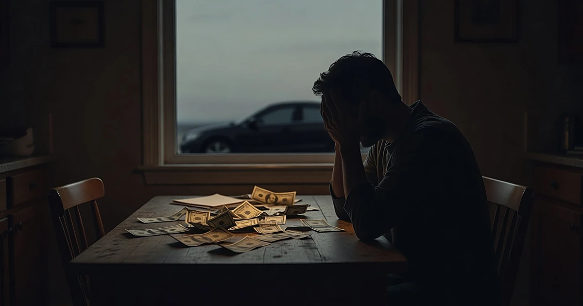 Silhouetted person at table with scattered money, car visible through window in background